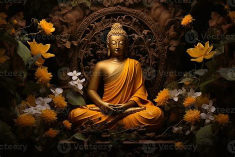 A Golden Buddha Statue Surrounded By Flowers AI Generated 27741702