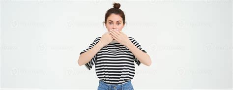 Image Of Shocked Woman Covers Her Mouth Looks Surprised Stands Over