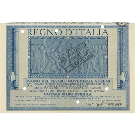 1940 02 Buono Del Tesoro Novennale A Premi 5 Lire 500 Roma