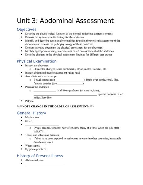 Unit Notes Abdominal Assessment Unit Abdominal Assessment