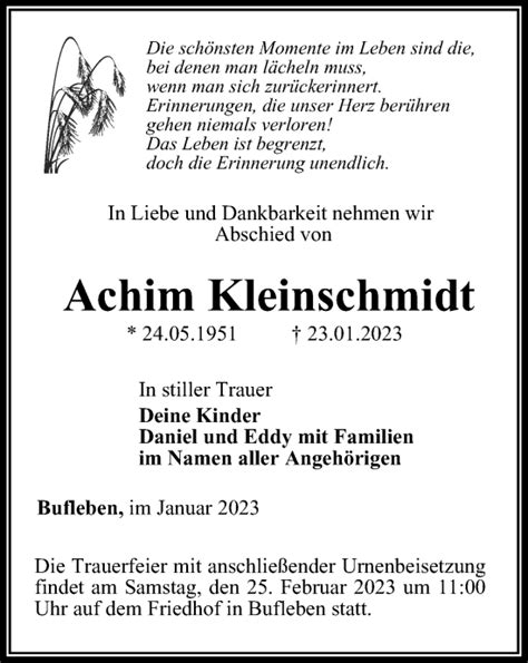 Traueranzeigen Von Achim Kleinschmidt Trauer In Thueringen De