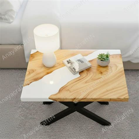 white epoxy resin bedside table handmade natural wood nightstand etsy