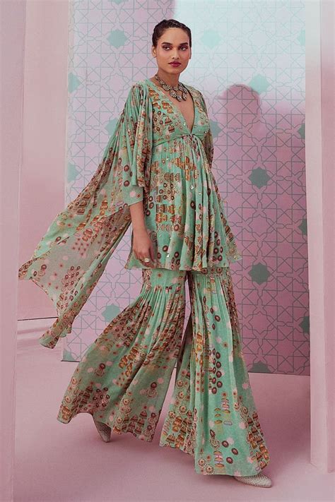 Mint Green Georgette Peplum Kurta With Printed Jhumkas And Beaded Hand