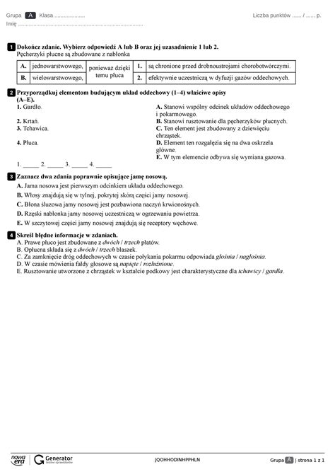 Kartkówka układ oddechowy Test bez widocznej punktacji