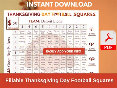 Football Squares Template Printable Editable PDF Thanksgiving Football ...