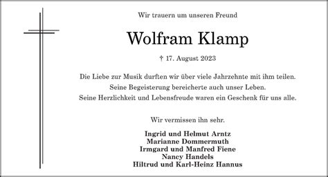 Traueranzeigen Von Wolfram Klamp Rz Trauer De