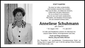 Traueranzeigen Von Anneliese Schuhmann Wirtrauern