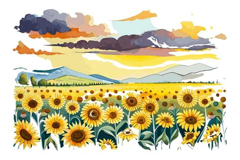 Premium Vector A Watercolor Painting Of Sunflowers In A Field With