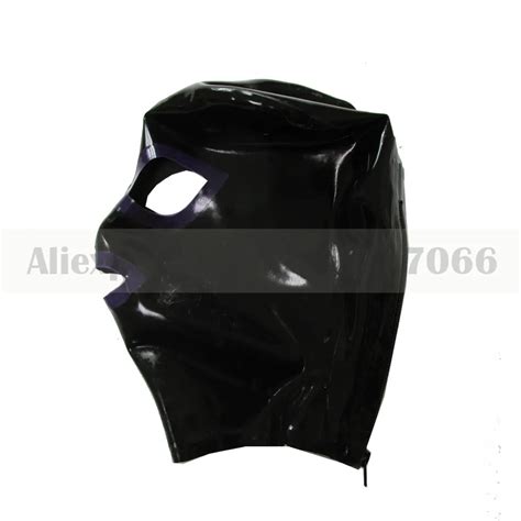 Unisex Black And Purple Trims Latex Rubber Mask Hood With Back Zip Sexy Customes Hood Eyes Mouth