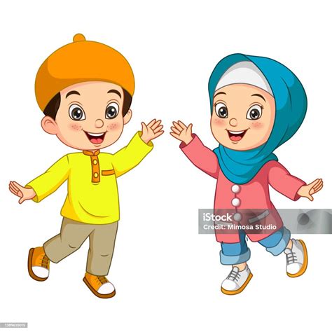 Selamat Dari Kartun Anak Lakilaki Dan Perempuan Muslim Ilustrasi Stok ...