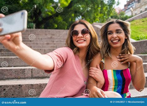 Two Friends Taking Selfie With Phone Outdoors Stock Image Image Of