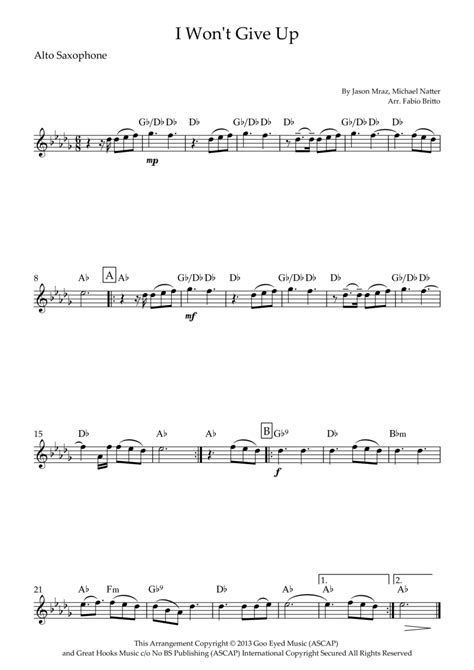 I Wont Give Up Arr Fabio Britto Sheet Music Jason Mraz Alto Sax Solo