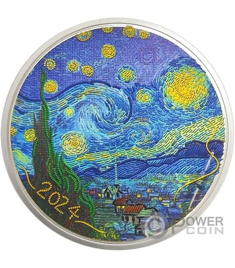 STARRY NIGHT Van Gogh Fine Embroidery Art 3 Oz Silber Münze 20 Palau 2024