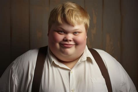 Premium AI Image Fat Blonde Boy Happy Expression Against Wall