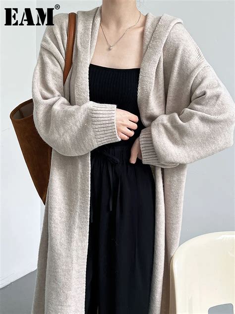 EAM Apricot Big Size Long Knitting Cardigan Sweater Loose Fit Hooded