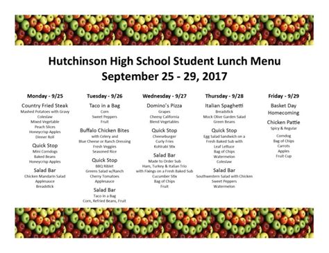 HHS Student Lunch Menu - Week of Sept. 25 - Hutchinson Public Schools