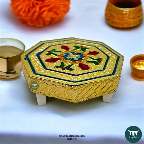 Shopbeat Golden Oxidised Octagon Flower Wooden Pooja Chowki X Inches