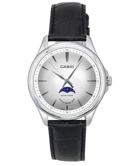 Casio Standard Analog Moon Phase Leather Strap Silver Dial Quartz Mtp