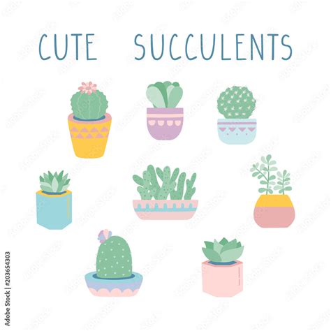 Vector Succulents And Cacti Illustration Set Cute Succulent In Pot