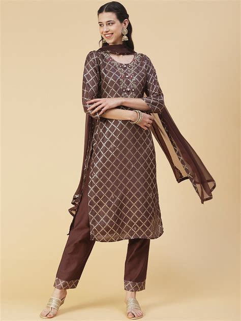 Buy FASHOR Women Printed Sequinned Kurta With Trousers With Dupatta