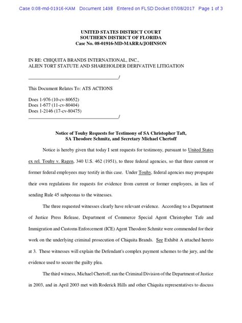 Notice Of Touhy Requests R 1498 Deposition Law Witness Free 30