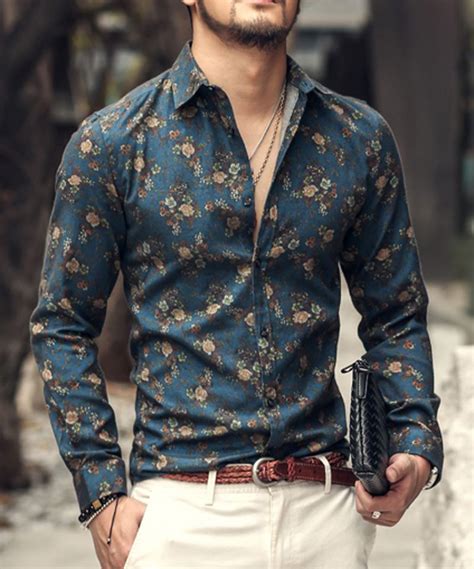 Men Shirt Floral Printing Long Sleeve Shirts Men Clothes Flowers