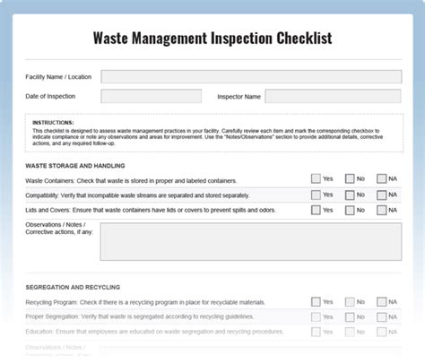 Waste Management Inspection Checklist Download Free Pdf