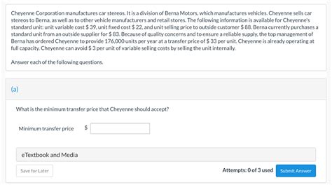 Solved Cheyenne Corporation Manufactures Car Stereos It Is Chegg