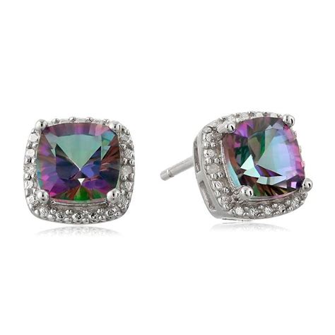 Natural Mystic Fire Topaz Stud Earrings With Diamonds In Sterling