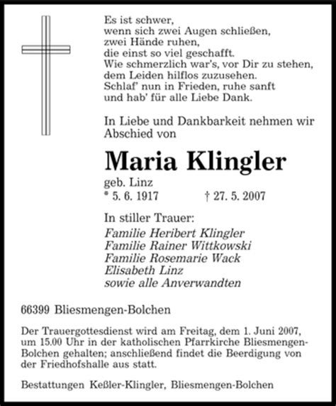 Traueranzeigen Von Maria Klingler Saarbruecker Zeitung Trauer De