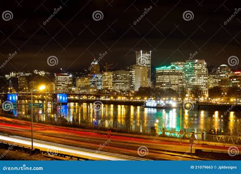 Portland Oregon Waterfront Skyline At Night Stock Image Image Of