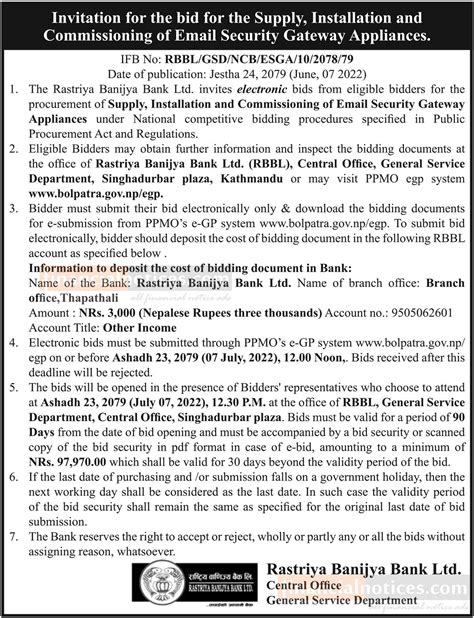 Invitation For The Bid For The Supply And Installation Rbbl