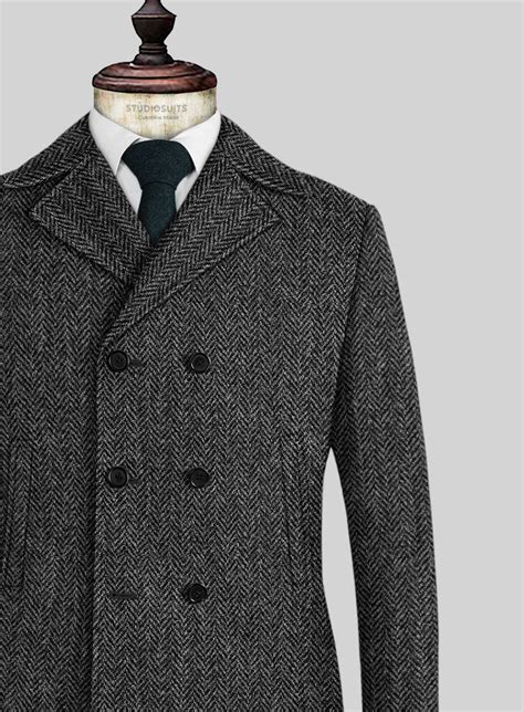 Harris Tweed Dark Gray Herringbone Pea Coat Studiosuits