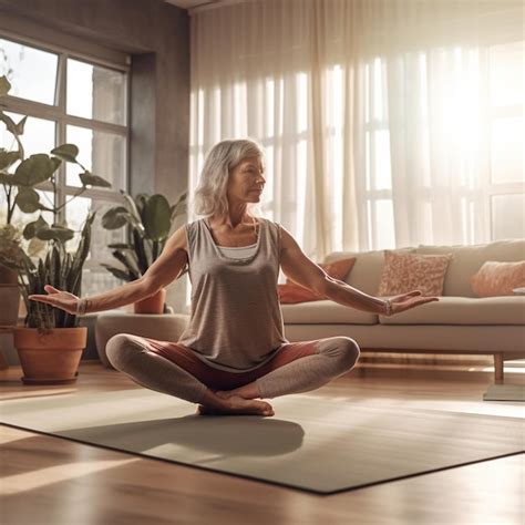 Mujer Haciendo Yoga En Una Sala De Estar Con Una Ventana Y Una Planta