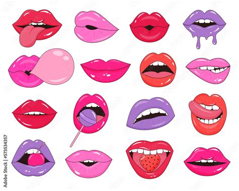 Set Of Glossy Female Lips Pop Art Stickers Fashion Patches In Retro Style Sexy Women Lips