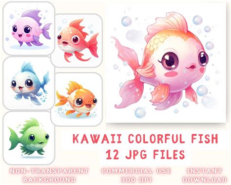 Kawaii Fish Watercolor Clipart 12 JPG Fish Clip Art Cartoon Fish Mix ...