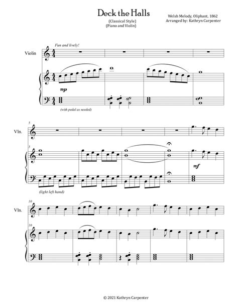 Deck The Halls Piano And Violin Arr Kathryn Carpenter By Welsh