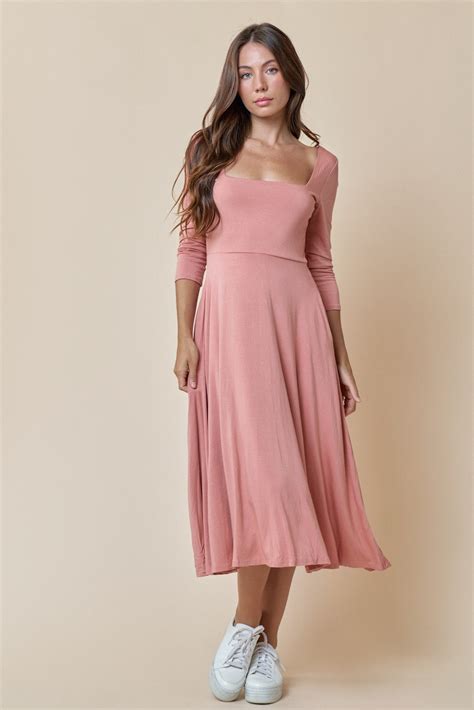 Salmon Long Sleeve Square Neck Skater Pocket Midi Dress For 39 99