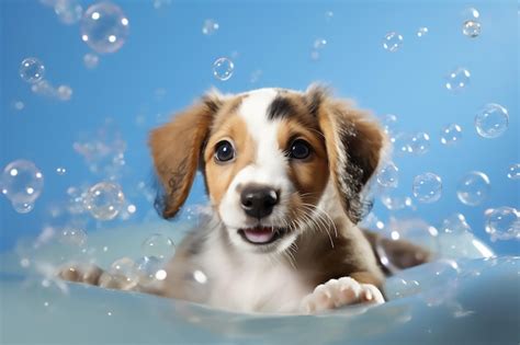 Premium Photo | Adorable puppy enjoying bubble bath on international ...