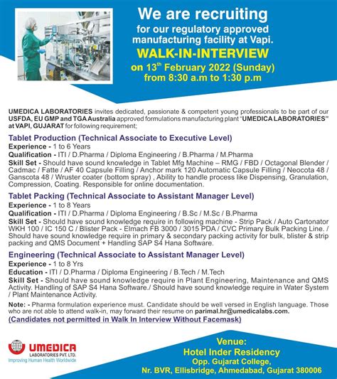 Umedica Laboratories Walk In Interview For Tablet Manufacturing