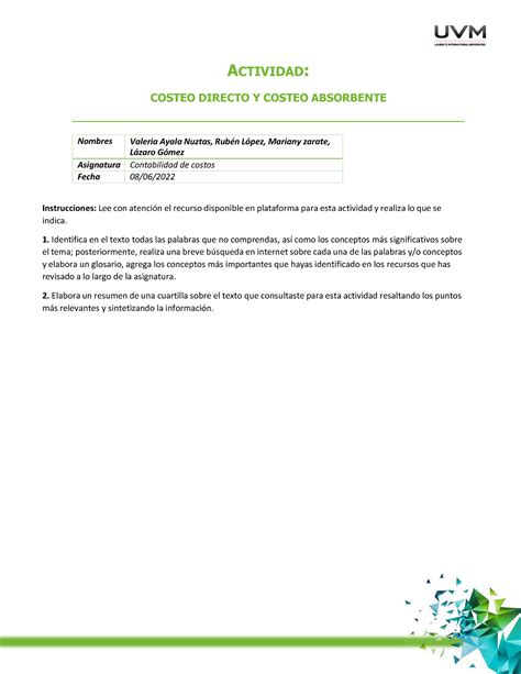 Act Van Cuadro Comparativo Costos Actividad Costeo Directo Y