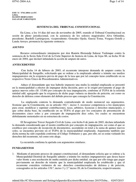 Sentencia Del Tribunal Constitucional Exp N° 3741 2004 Aatc Lima Ramón Hernando Salazar