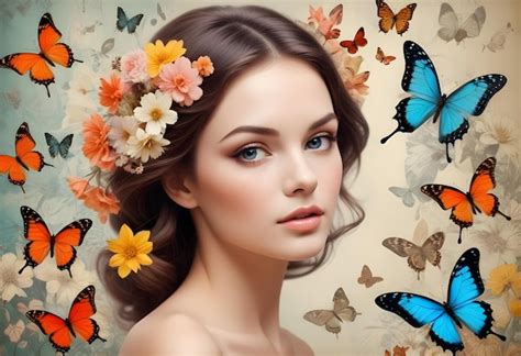 Beautiful Woman Flowers And Butterflies Collage Art Premium Ai