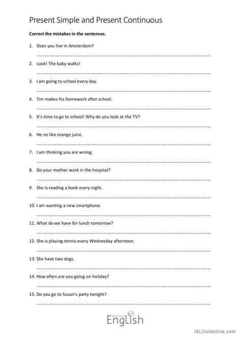 Present Simplecontinuous Error Corr English Esl Worksheets Pdf And Doc