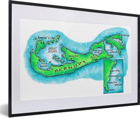 Fotolijst Incl Poster Tekening Van De Kaart Van Bermuda In De Oceaan