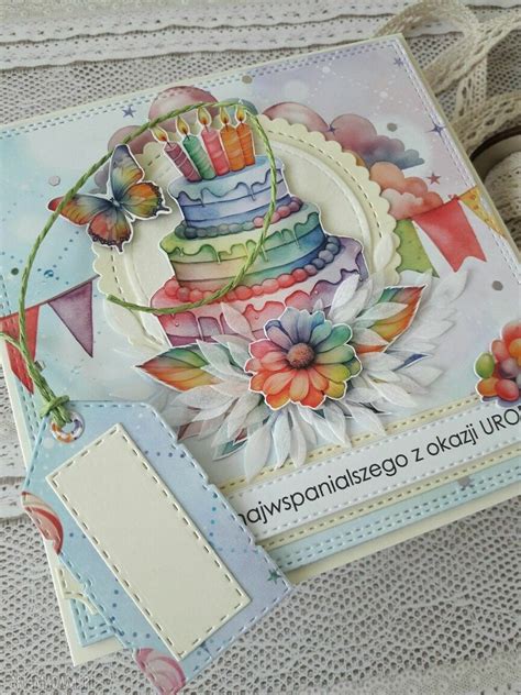 kartka urodzinowa z tęczowym tortem modne scrapbooking ღ art Madam pl