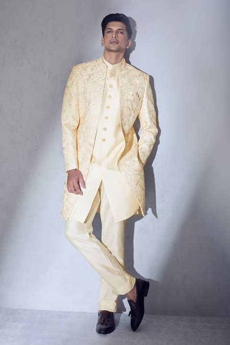 Buy Cream Slub Silk Embroidered Thread Sherwani Jacket Kurta Set For