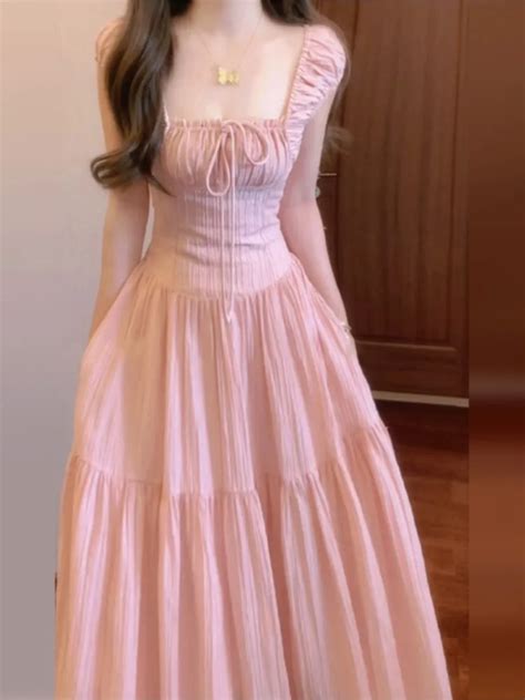 Elegant Pink Sleeveless Long Dresses For Women Square Collar High Waist