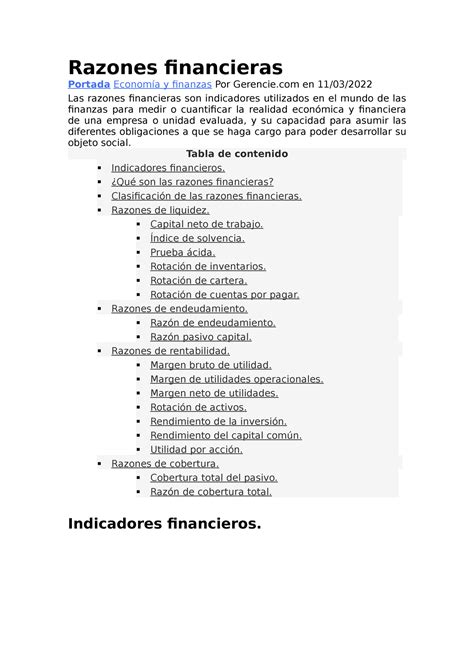 Razones Financieras Tabla De Contenido Indicadores Financieros ¿qué