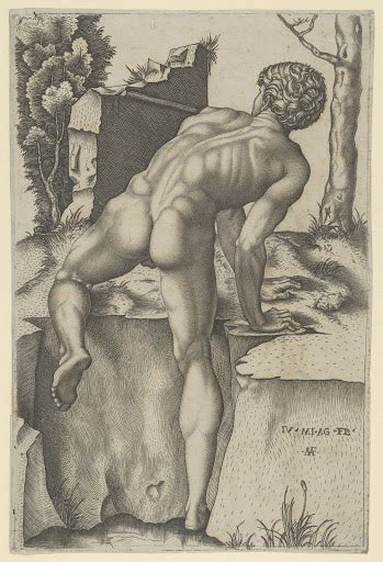 Naked Man Viewed From Behind Climbing A River Bank After Michelangelo